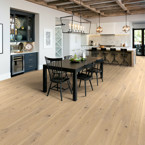 modern farmhouse kitchen with wood look flooring